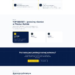 Rafał Kłos - Projekt strony internetowej agencji ochrony w żółto-granatowej kolorystyce, prezentujący usługi, doświadczenie, partnerów i dane kontaktowe. Widoczne zdjęcia pojazdów patrolowych i siedziby firmy.
