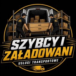 Szybcy I załadowani - Ilustracja przedstawiająca dwóch pracowników w czarnych uniformach, którzy w Rybniku wnoszą drewnianą komodę do białego busa wypełnionego kartonami. W tle regały z paczkami.
