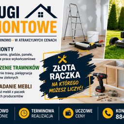Łukasz Wadas - Grafika reklamowa 'Złota Rączka' z hasłem 'USŁUGI REMONTOWE', ukazująca narzędzia malarskie w pokoju, kosiarkę na zielonym trawniku i montaż mebli z wiertarką.