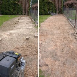ArborAlp - Przed i po: usunięcie pni drzew i rozdrobnienie ich na zrębki w ogrodzie. Po lewej widoczne pnie i maszyna, po prawej gładki teren pokryty mulczem.