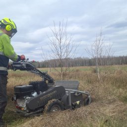 ArborAlp - Operator w żółtym kasku ochronnym obsługujący profesjonalną kosiarkę bijakową WEIBANG, usuwający wysokie, suche trawy i zarośla na rozległym, otwartym terenie.