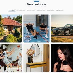 Makosky Media - Zrzut ekranu strony portfolio 'Moje realizacje' z siatką sześciu różnorodnych projektów: dom, koszykarze, samochód, mecz, wnętrze, portret. Dostępne kategorie: Filmy Reklamowe, Eventowe...