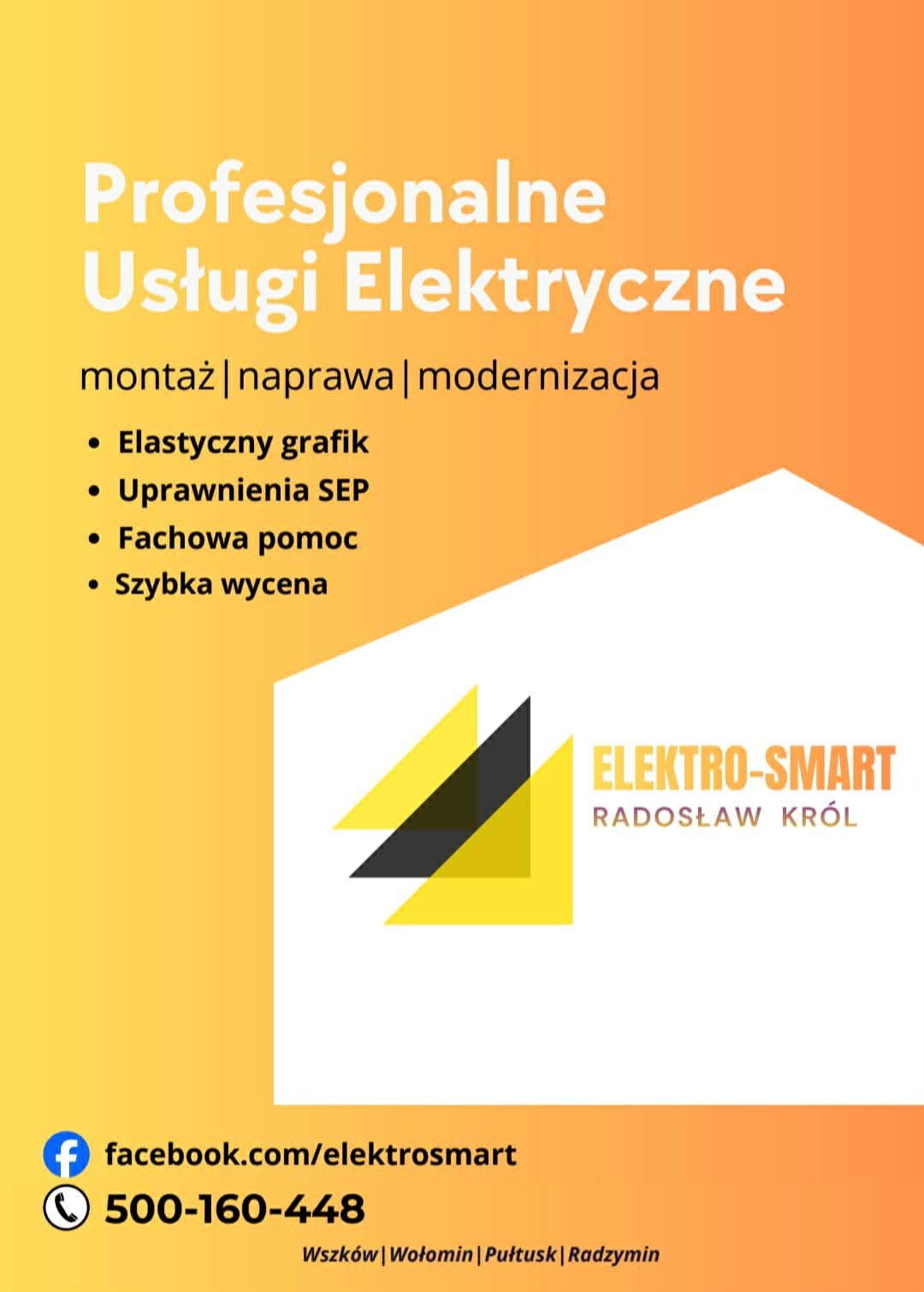Baner reklamowy firmy Elektro-Smart z logo z żółto-czarnymi trójkątami, oferujący profesjonalne usługi elektryczne: montaż, naprawę, modernizację. Zawiera dane kontaktowe i obszar działania na tle...