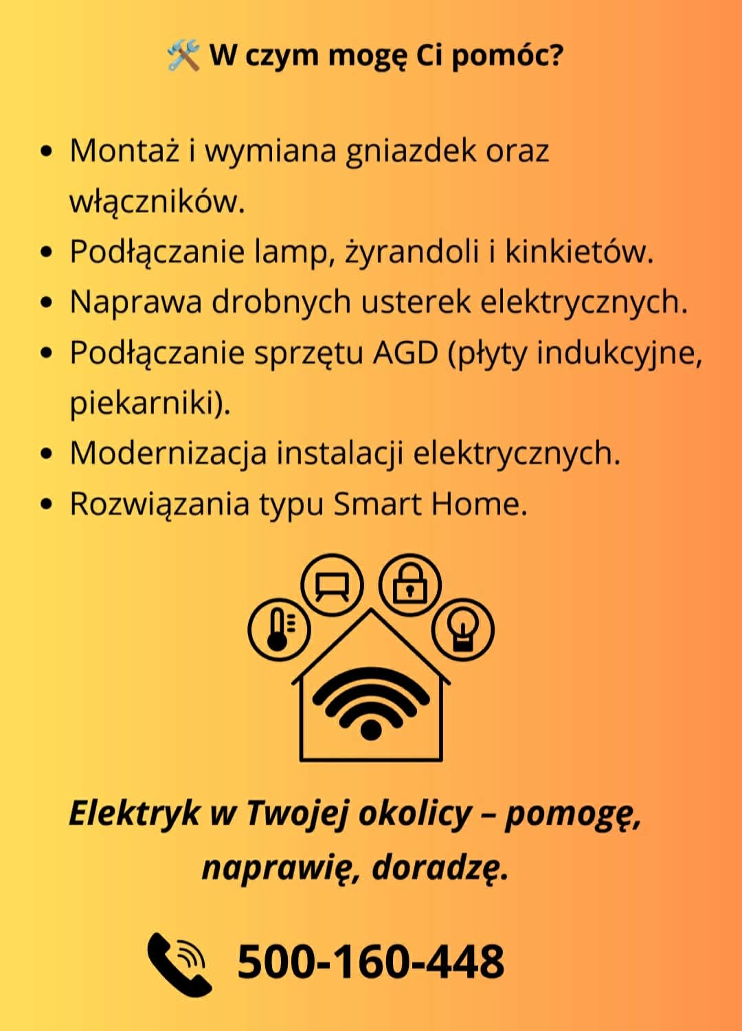 Grafika reklamowa elektryka na żółto-pomarańczowym tle, z listą usług: montaż gniazdek, podłączanie lamp, naprawa usterek, podłączanie AGD, modernizacja instalacji, Smart Home. Widoczny numer...