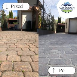 Czyścioch AK - Kostka brukowa przed i po czyszczeniu: zarośnięta chwastami i zabrudzona, ruda nawierzchnia odzyskuje czysty, szary wygląd.