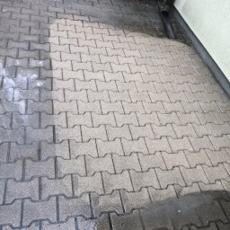 Czyścioch AK - Częściowo umyta kostka brukowa w kształcie kości, z wyraźną linią podziału na jasną, czystą i ciemną, zabrudzoną część, obok rynna i ściana budynku.