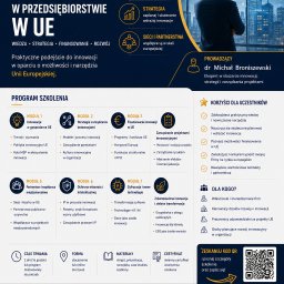dr Michał Broniszewski - Infografika szkoleniowa 'Zarządzanie Innowacjami w UE' z mężczyzną patrzącym na miasto i symbol UE, prezentująca program, korzyści, prowadzącego i moduły.