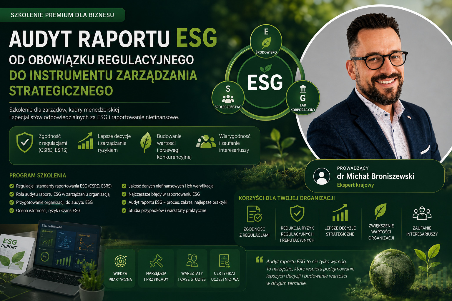 Grafika szkolenia 'Audyt Raportu ESG' z uśmiechniętym prowadzącym dr. Michałem Broniszewskim, diagramem ESG (Środowisko, Społeczeństwo, Ład Korporacyjny) i laptopem z pulpitem.