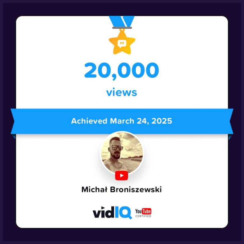 Grafika z medalem i napisem '20,000 views', informująca o osiągnięciu 24 marca 2025. Zawiera zdjęcie profilowe Michała Broniszewskiego oraz loga YouTube i vidIQ.