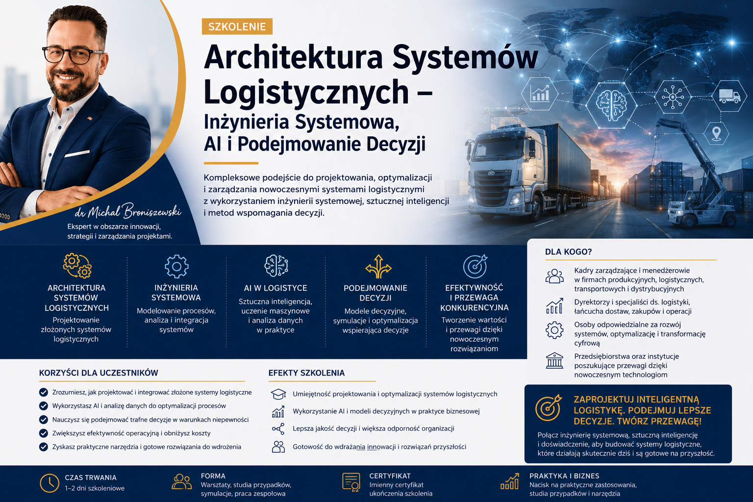 Grafika szkoleniowa: Architektura Systemów Logistycznych, Inżynieria Systemowa, AI i Podejmowanie Decyzji. Uśmiechnięty ekspert dr Michał Broniszewski i wizualizacja transportu.