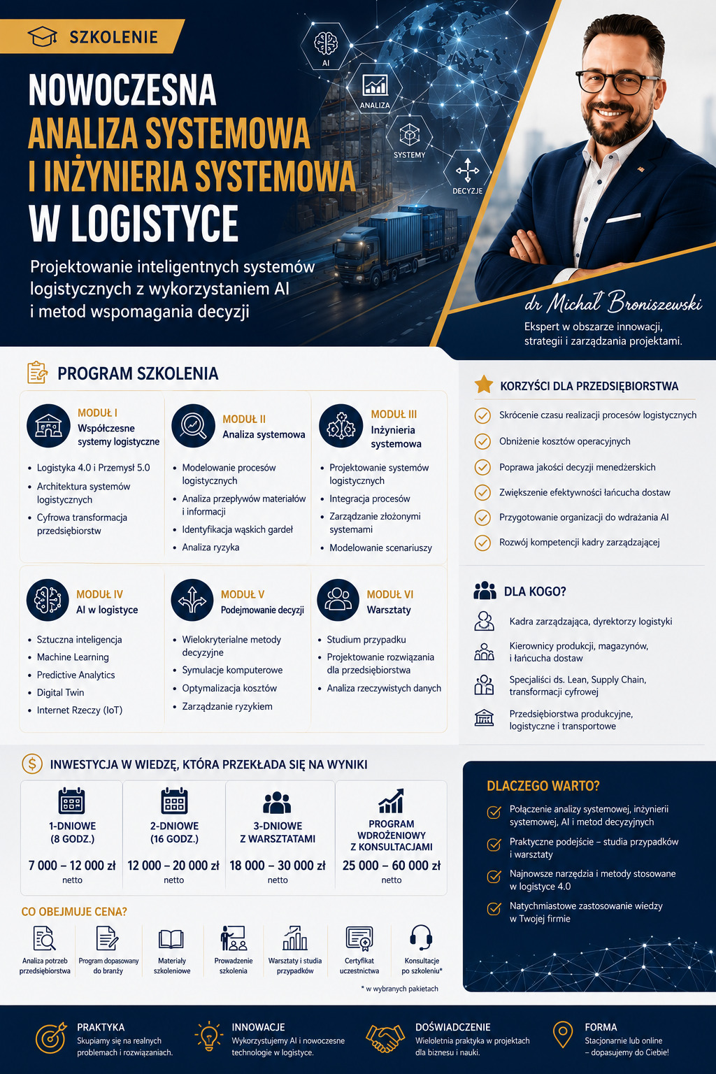 Promocyjna grafika szkolenia 'Analiza Systemowa i Inżynieria w Logistyce' z uśmiechniętym ekspertem, ciężarówką z kontenerami i elementami AI.