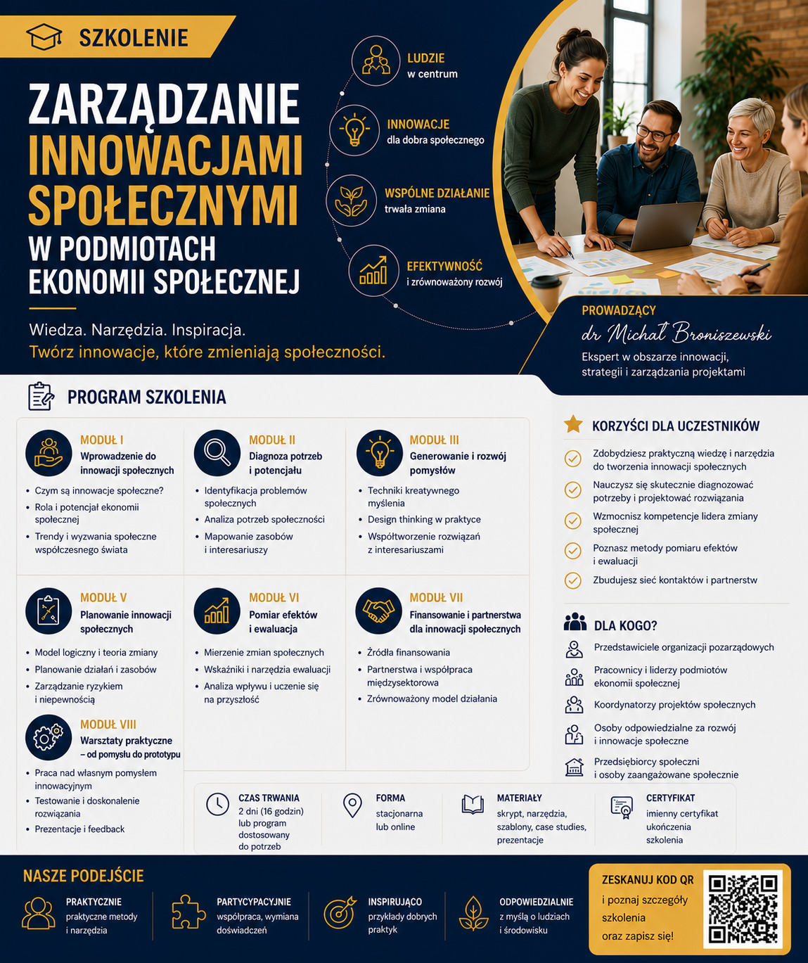 Promocyjna grafika szkolenia 'Zarządzanie Innowacjami Społecznymi' w Opolu, z uśmiechniętą grupą osób przy laptopie i szczegółowym programem modułów.