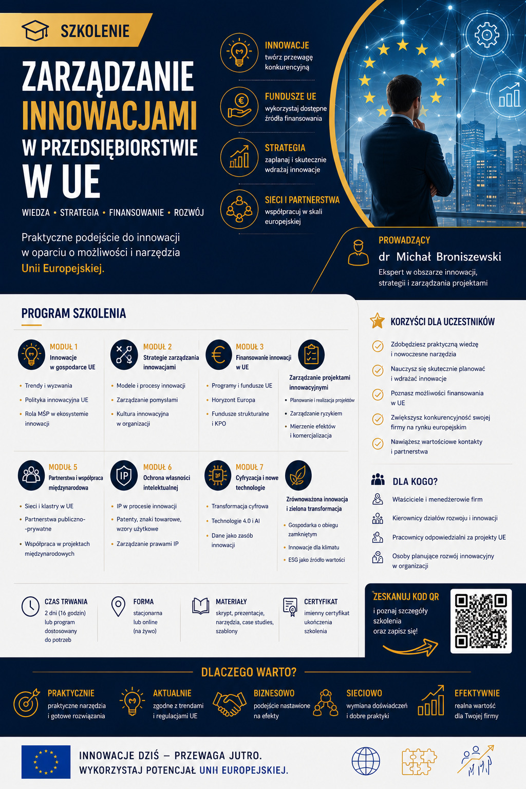 Infografika szkoleniowa 'Zarządzanie Innowacjami w UE' z mężczyzną patrzącym na miasto i symbol UE, prezentująca program, korzyści, prowadzącego i moduły.