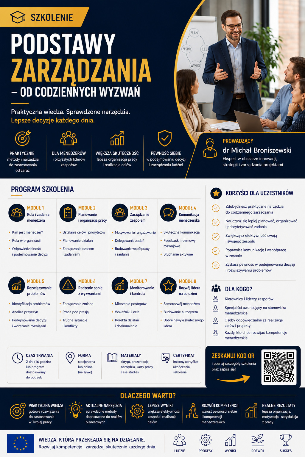 Grafika szkoleniowa: uśmiechnięty prelegent w garniturze gestykuluje do trzech uczestników przy stole. W tle tablica z hasłami 'PLAN', 'ZESPÓŁ', 'CEL', 'WYNIKI'.