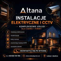 Mateusz Szkudlarek - Reklama firmy Altana: skrzynka elektryczna, kamera CCTV i nowoczesny dom na tle obwodów. Oferta kompleksowych usług związanych z prądem i nadzorem.