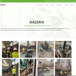 Creovo_pl - Zrzut ekranu strony internetowej z galerią, prezentującą osiem zdjęć pracowników w kaskach i kamizelkach, obsługujących wiertnice do pali fundamentowych na budowach.