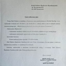 DAB-ELEKTRO - List referencyjny od Sevitel EM Sp. z o.o. dla DAB Elektro Radosław Kardaszyński, potwierdzający wykonanie instalacji oświetleniowych i automatyki ogrzewania sal lekcyjnych Siemens.
