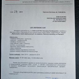 DAB-ELEKTRO - Oficjalny list referencyjny od Hutniczego Przedsiębiorstwa Remontowego dla DAB-ELEKTRO, szczegółowo opisujący wykonane roboty elektryczne przy remoncie świetlicy w Psarach.