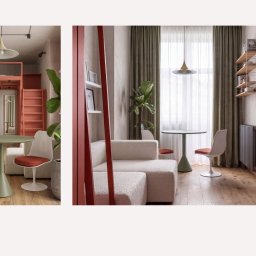 DOZO Studio - Dwa ujęcia nowoczesnego mikroapartamentu z antresolą sypialnianą, aneksem kuchennym, jadalnią i salonem. Wnętrze w odcieniach koralu, szałwiowej zieleni i bieli.