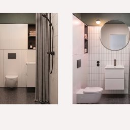 DOZO Studio - Dwie perspektywy nowoczesnej łazienki w minimalistycznym stylu: białe pionowe płytki, ciemnozielona ściana, czarne akcenty, podwieszana toaleta, okrągłe lustro i prysznic.