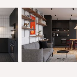 DOZO Studio - Nowoczesne wnętrze z otwartą kuchnią w czarnych szafkach i białymi pionowymi płytkami, połączone z salonem z szarą sofą, drewnianymi półkami i jadalnią z bordowymi krzesłami.