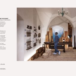 DOZO Studio - Wizualizacja projektu wnętrza wystawy o budowie organów: łukowate sklepienie, drewniane eksponaty, stół warsztatowy, podświetlany panel historyczny. Dziecko ogląda ekspozycję.