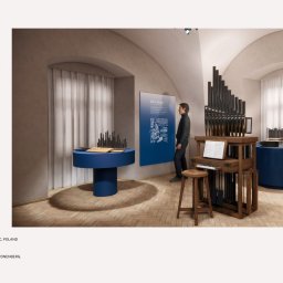 DOZO Studio - Wizualizacja projektu wystawy o organach: dwie osoby przy interaktywnych eksponatach na niebieskich postumentach i drewnianej konsoli, w pomieszczeniu ze sklepionym sufitem.