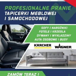 AM CLEANING - Graficzny baner reklamowy A&M Cleaning, promujący profesjonalne czyszczenie tapicerki meblowej i samochodowej. Przedstawia czyste wnętrze auta i szarą sofę, z ofertą 15% zniżki.