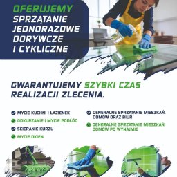 AM CLEANING - Grafika reklamowa firmy A&M CLEANING, prezentująca ofertę sprzątania. Widoczna kobieta w fartuchu czyści szklany blat, obok mniejsze zdjęcia mycia podłóg, wycierania powierzchni i czyszczenia szyb.
