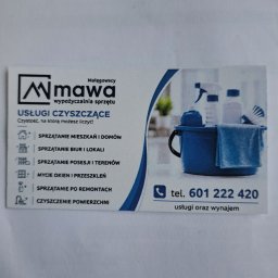 Magdalena Malegowska - Wizytówka firmy Małęgowscy Mawa oferującej usługi czyszczące, z listą specjalizacji (biura, posesje, okna, po remontach) i grafiką z niebieskim wiadrem i środkami czystości.