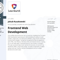WebGoat Jakub Kuzakowski - Cyfrowy certyfikat Coursera dla Jakuba Kuzakowskiego z ukończenia specjalizacji Frontend Web Development, obejmującej HTML, CSS, Flexbox, Grid, SCSS i Tailwind CSS.