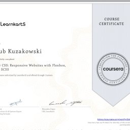 WebGoat Jakub Kuzakowski - Certyfikat ukończenia kursu 'Master CSS: Responsive Websites with Flexbox, Grid & SCSS' przez Jakuba Kuzakowskiego, wydany przez LearnKartS i Coursera, z datą 1 lipca 2026.