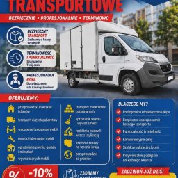 Igor Janiszewski - Grafika reklamowa usług transportowych z białym busem dostawczym, listą ofert (przeprowadzki, wywóz mebli, opróżnianie mieszkań) i danymi kontaktowymi.