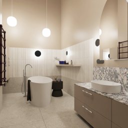 FOGU.studio projektowe wnętrz Paola Major - Elegancka łazienka z wolnostojącą wanną, podwójną umywalką na marmurowym blacie z ciemnymi żyłkami, beżowymi płytkami i ciemnobrązowym grzejnikiem drabinkowym.