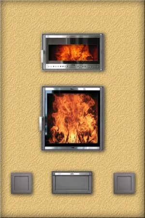 Prezentacja żeliwnych i stalowych drzwiczek do pieców, palenisk, wędzarni i grilli producenta Pisla.pl, z widocznym płomieniem wewnątrz komory paleniskowej.