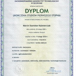 1TMate Marcin Kaźmierczak - Dyplom ukończenia kierunku automatyka i robotyka.