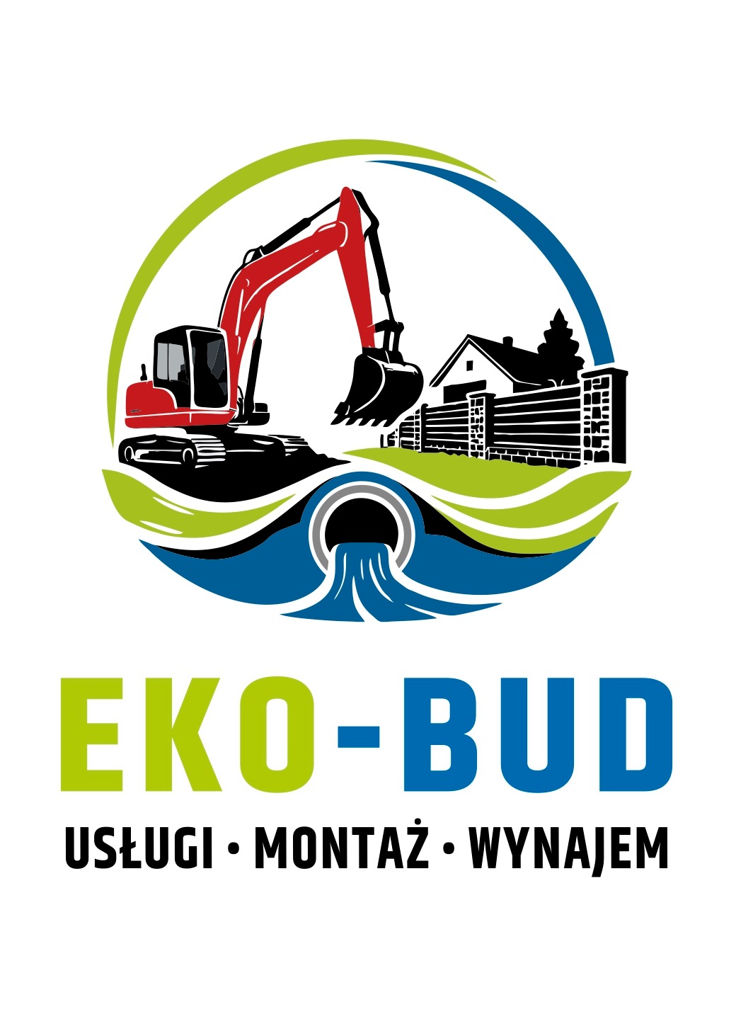 Logo EKO-BUD z czerwoną koparką, domem, płotem i rurą odprowadzającą wodę, symbolizujące usługi budowlane, montażowe i wynajem.
