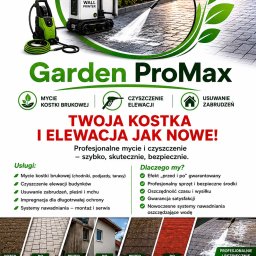 GARDENPROMAX S.P. Z.O.O - Strumień wody z myjki ciśnieniowej czyści ciemną kostkę brukową, obok zielona myjka i biały robot WALL PRINTER, w tle zadbany ogród.