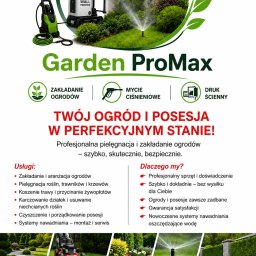 GARDENPROMAX S.P. Z.O.O - Grafika reklamowa Garden ProMax: ilustracje myjki ciśnieniowej, drukarki ściennej, zraszacza oraz kolaż zdjęć zadbanych ogrodów z trawnikiem i kwiatami.