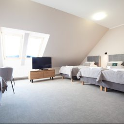 Holimo Hotel Restauracja & SPA - Jasny pokój na poddaszu z trzema pojedynczymi łóżkami, szarymi zagłówkami, TV na drewnianej szafce i dwoma oknami dachowymi. Na szklanym stoliku tulipany i woda.