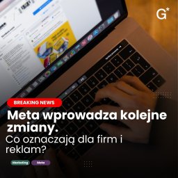 Givesore Media - Ręka na klawiaturze MacBooka, na ekranie profil Facebooka 'firmbee.com' z postem o wysokiej jakości mock-upach PSD, częściowo zasłonięty nagłówkiem 'Meta wprowadza zmiany dla firm i reklam'.