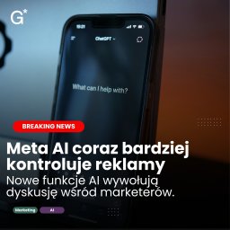 Givesore Media - Smartfon iPhone z otwartym ChatGPT, wyświetlający pytanie 'What can I help with?'. Nałożona grafika informuje o kontroli reklam przez Meta AI i dyskusji wśród marketerów, z tagami Marketing i AI.