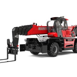 ERZET - Usługi specjalistyczne: Wynajem maszyn z operatorem: Mycie elewacji: Wycinka drzew - Nowoczesna, czerwono-czarna ładowarka teleskopowa Manitou MRT 3570 z wysuwanym ramieniem i widłami, ukazana na czystym białym tle.