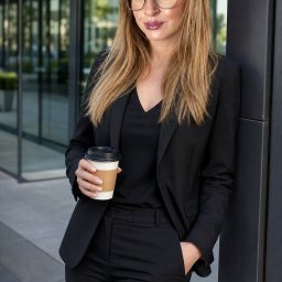 Przedsiębiorstwo Usługowe Monika Witt - Elegancka kobieta w czarnym garniturze i modnych okularach, z kawą na wynos, opiera się o ciemny filar nowoczesnego biurowca, z odbiciami zieleni w tle.