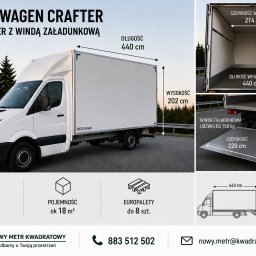 nowy metr kwadratowy - Biały Volkswagen Crafter kontener z opuszczoną windą załadunkową, ukazujący szczegółowe wymiary przestrzeni ładunkowej i parametry transportowe.