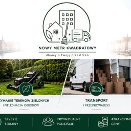 nowy metr kwadratowy - Reklamowy baner firmy z logo 'NOWY METR KWADRATOWY', prezentujący usługi: sprzątanie, pielęgnację terenów zielonych, transport towarów oraz zimowe odśnieżanie, na tle panoramy miasta.