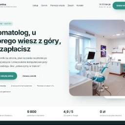 Done72 - Zrzut ekranu strony gabinetu stomatologicznego Dentiva, z hasłem 'Stomatolog, u którego wiesz z góry, ile zapłacisz' i zdjęciem nowoczesnego wnętrza z turkusowym fotelem.