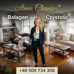 Anna Cleaning Company. - Podzielone zdjęcie: po lewej stronie salon z rozrzuconymi ubraniami i papierami, po prawej ten sam salon z czystą sofą i uporządkowanym stolikiem. Uśmiechnięta kobieta z atomizerem.