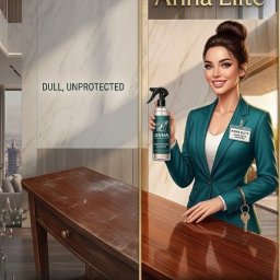 Anna Cleaning Company. - Porównanie 'przed i po' matowej, porysowanej drewnianej konsoli z lśniącą, odnowioną powierzchnią, obok ilustrowanej kobiety z produktem sealant.