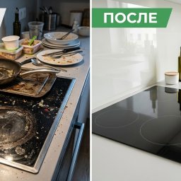 Anna Cleaning Company. - Kontrast: brudna płyta indukcyjna i blat kuchenny z resztkami jedzenia 'przed' oraz lśniąco czysta kuchnia z butelką oliwy i złożoną ściereczką 'po'.